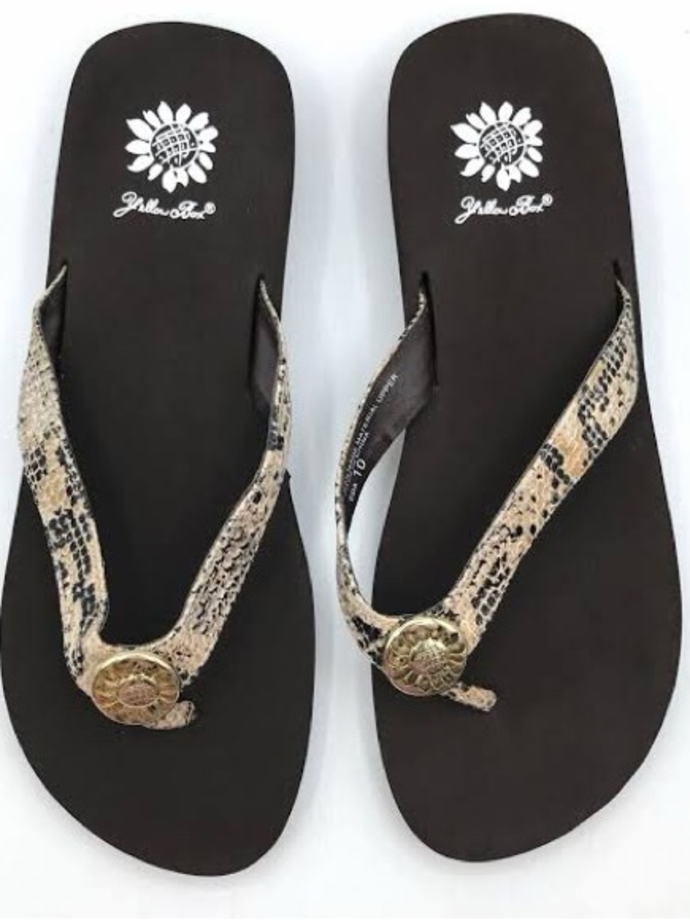 Yellow Box Snake Print Flip Flop Sandals with Gold Accent